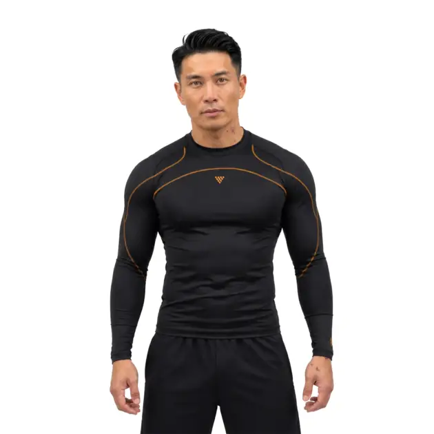 black gym shirt worn by model compression fit workout wear