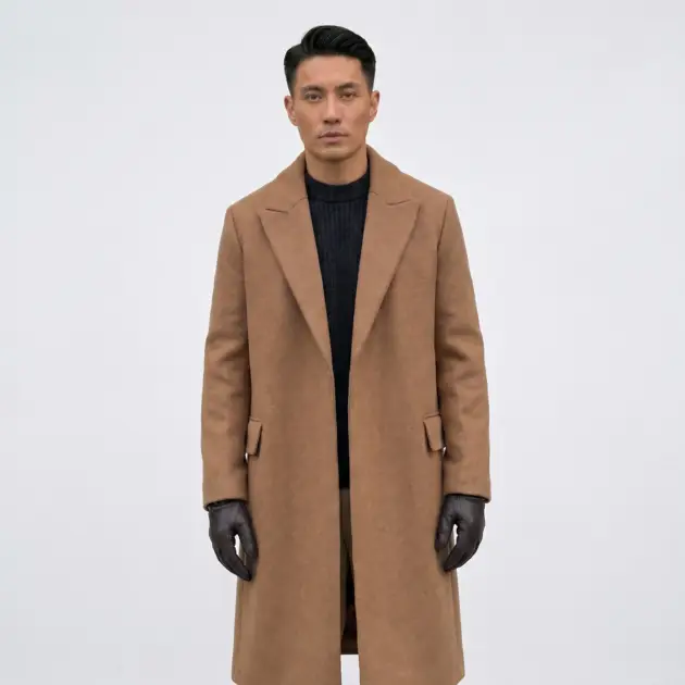 Mens Long Brown Coat in premium wool fabric