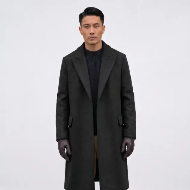 Mens long black coat in premium wool blend fabric