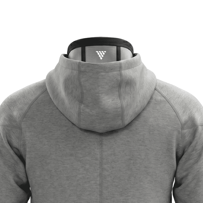Mens performance zip hoodie back closeup in grey athletic fabric