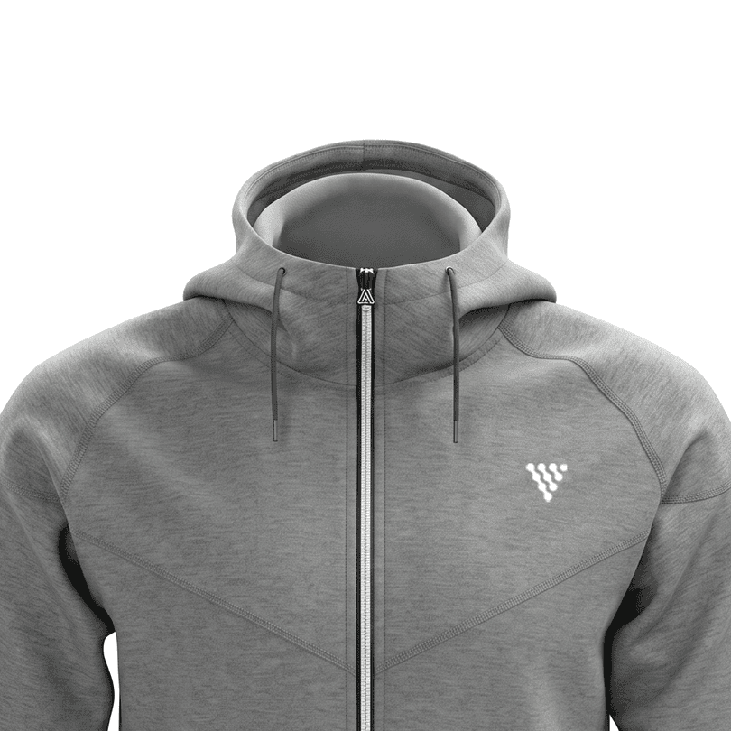 Mens performance zip hoodie front closeup in grey athletic fabric
