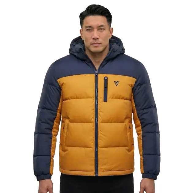 Mens puffer jacket in navy and mustard color