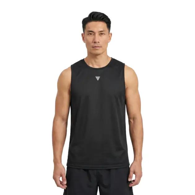 Male model wearing black sleeveless gym tank top