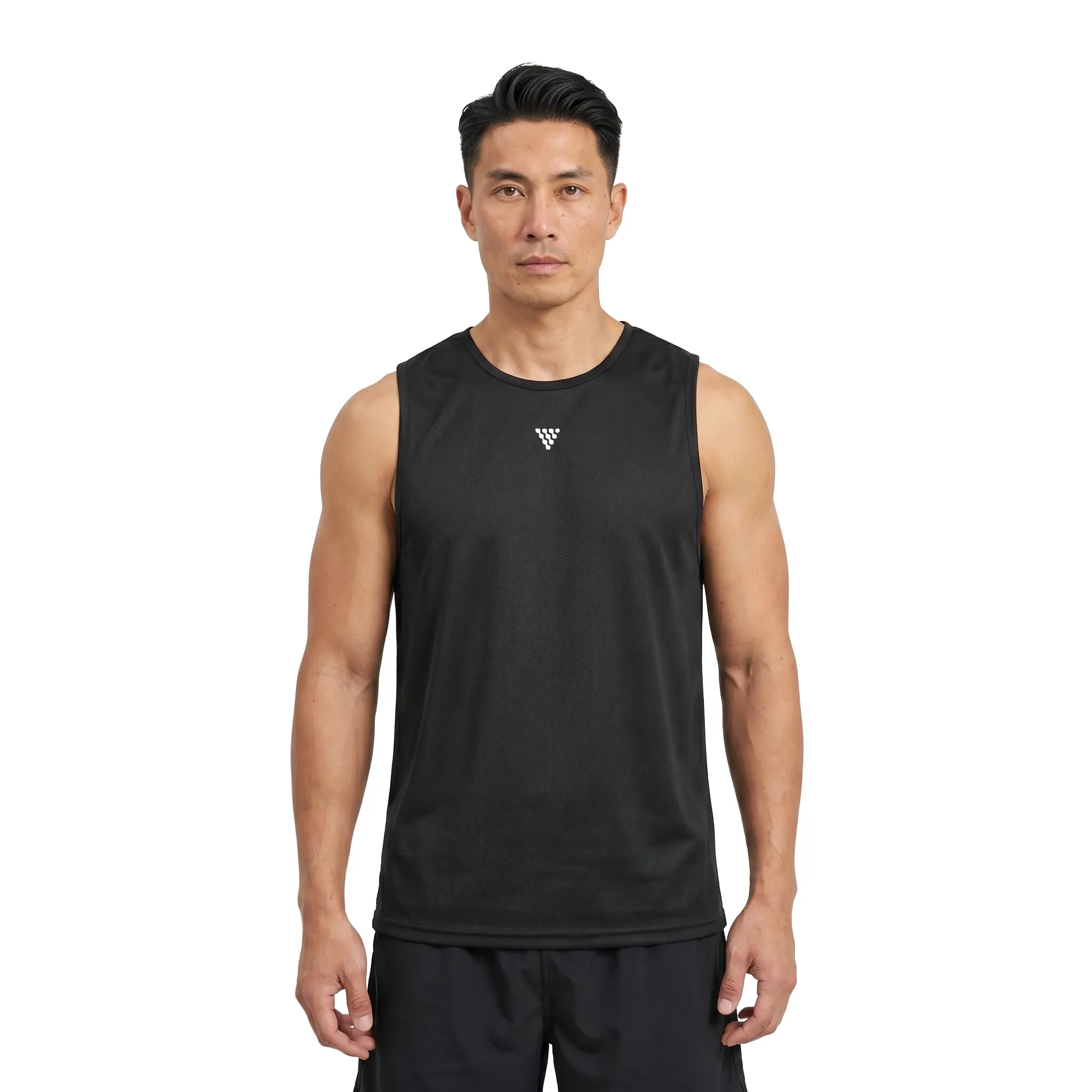 Male model wearing black sleeveless gym tank top