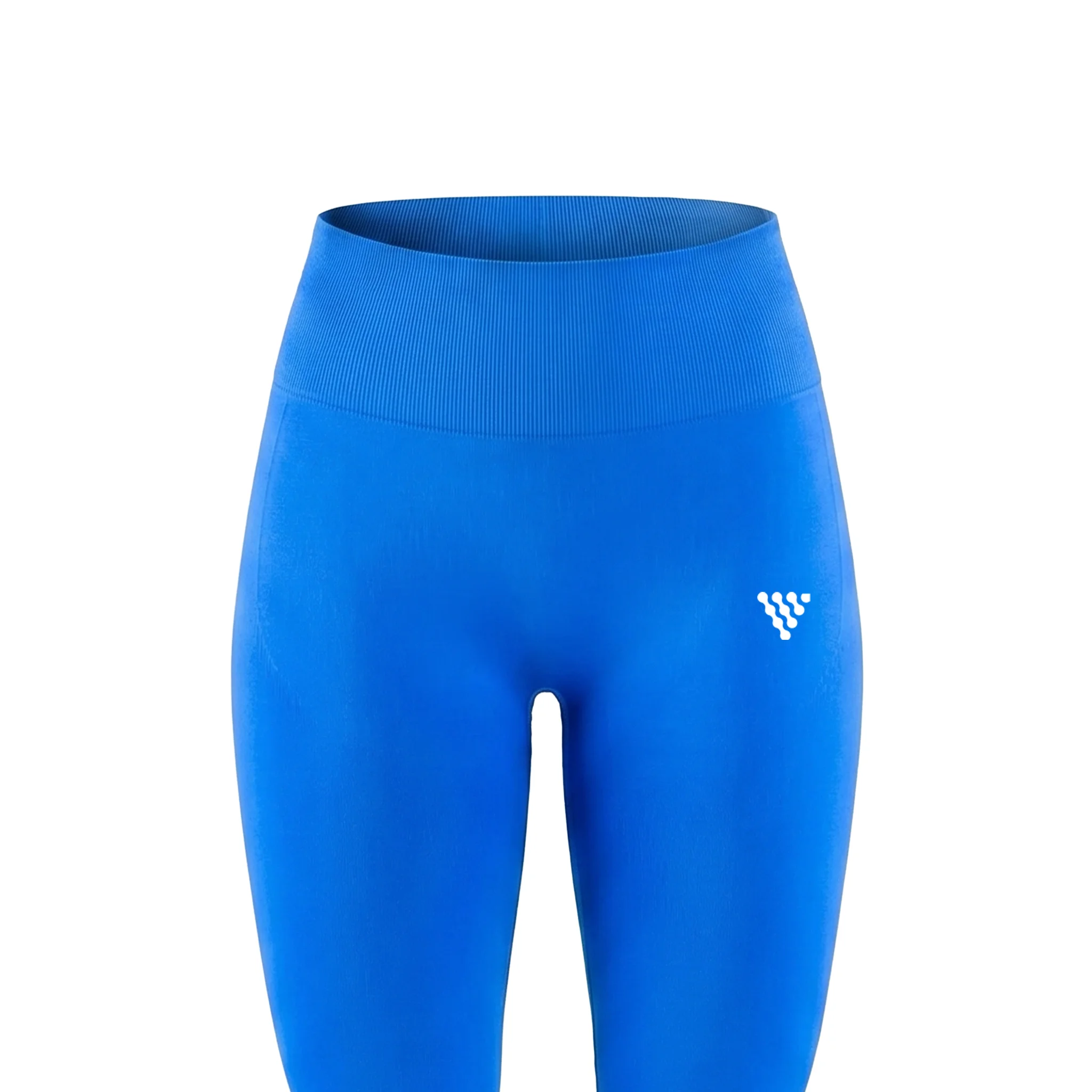 Close up front view of blue seamless gym leggings