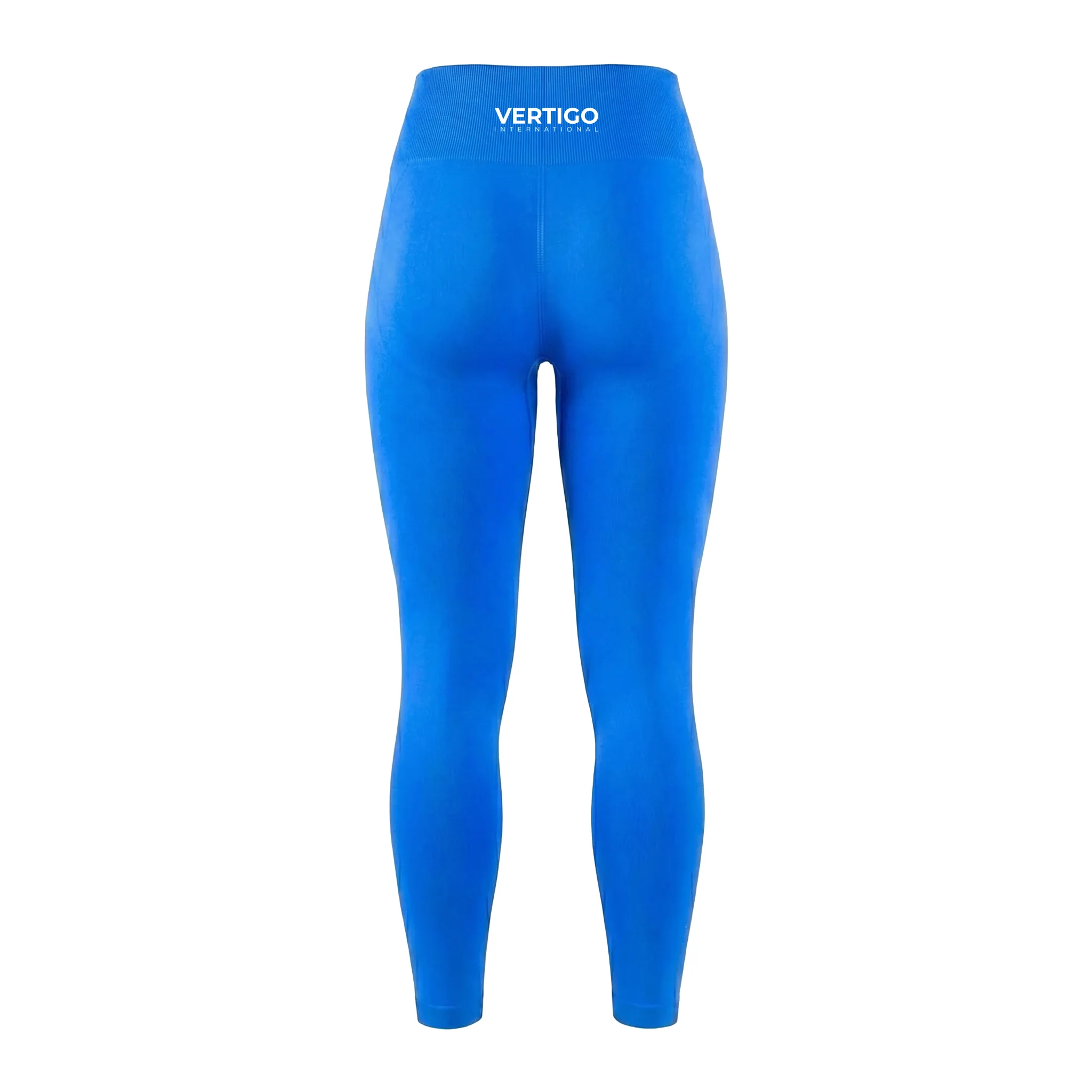 Back view of blue women’s workout leggings