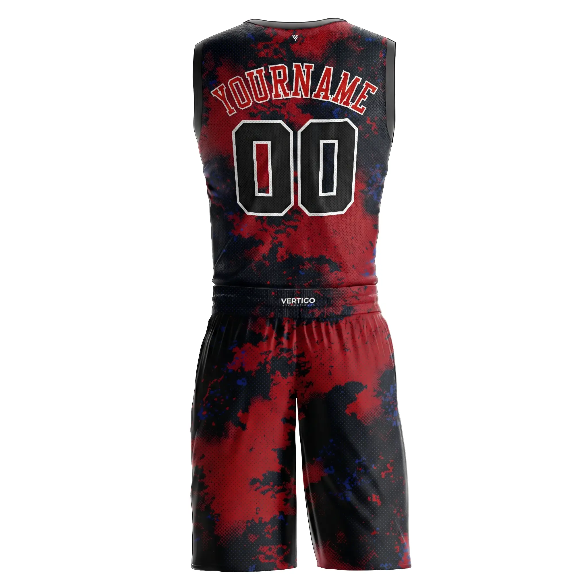 Back side view of custom basketball jersey and shorts with player customization