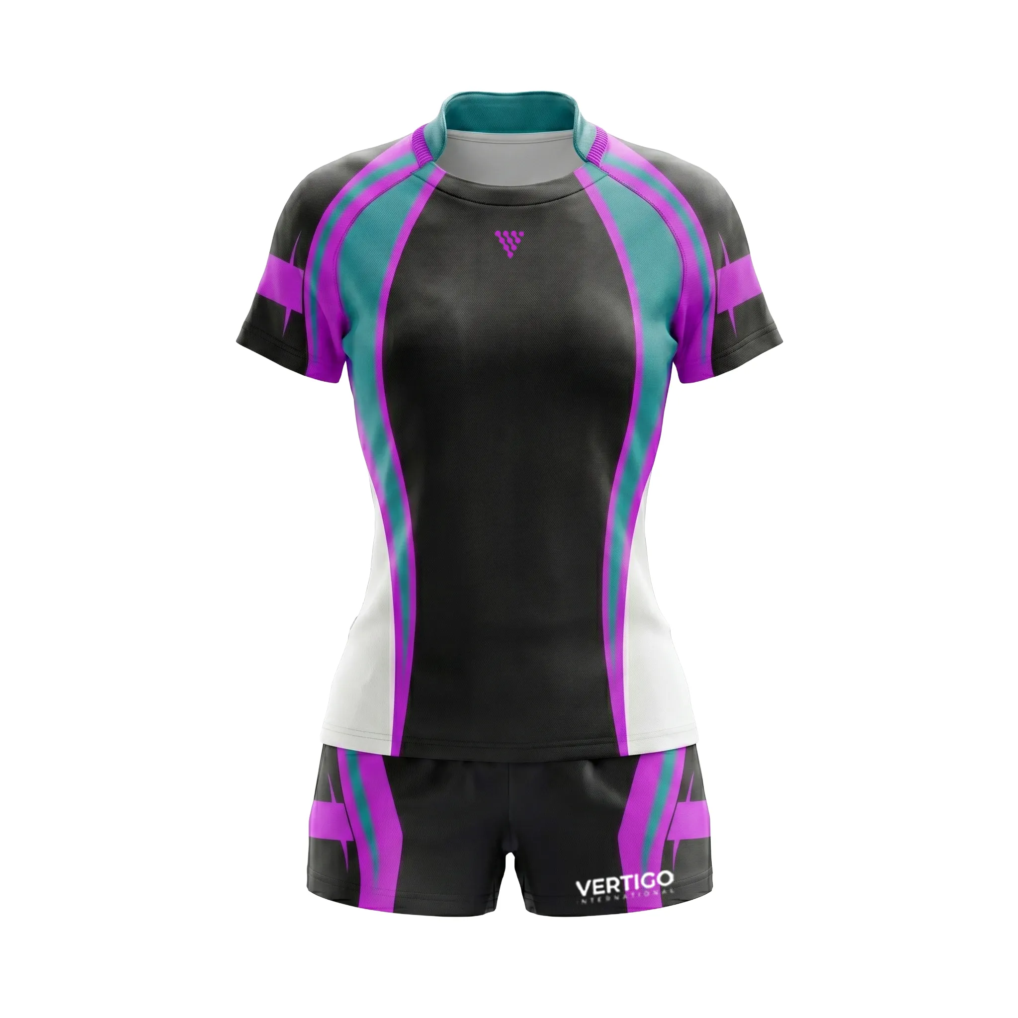 Front view of custom sublimated women rugby uniform in black purple and teal design