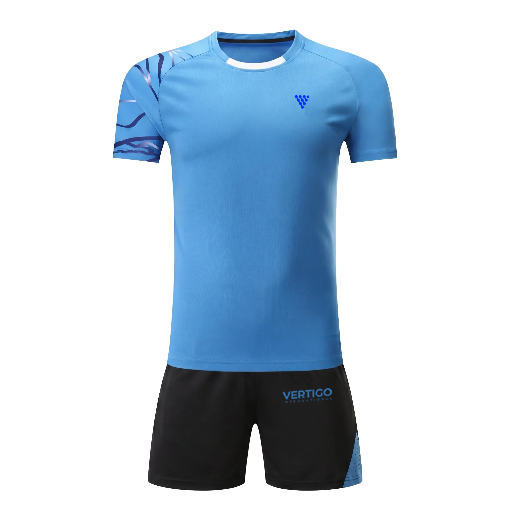 Front view of custom tennis uniform with sky blue shirt and black shorts