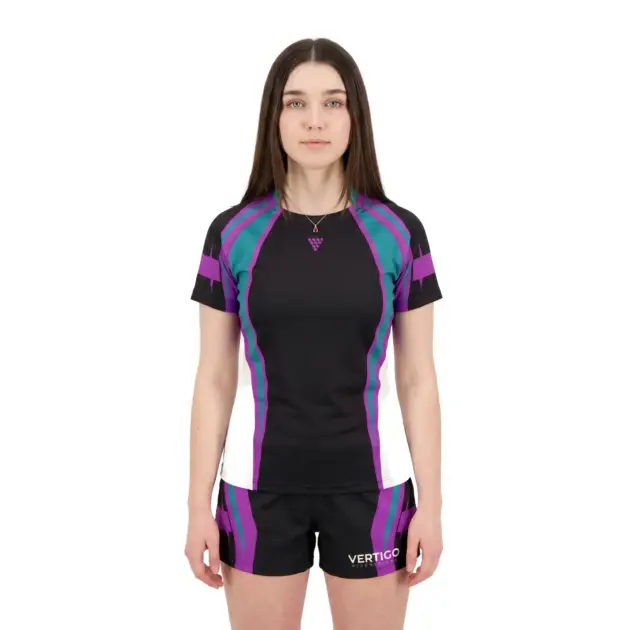 Female athlete wearing custom sublimated women rugby uniform