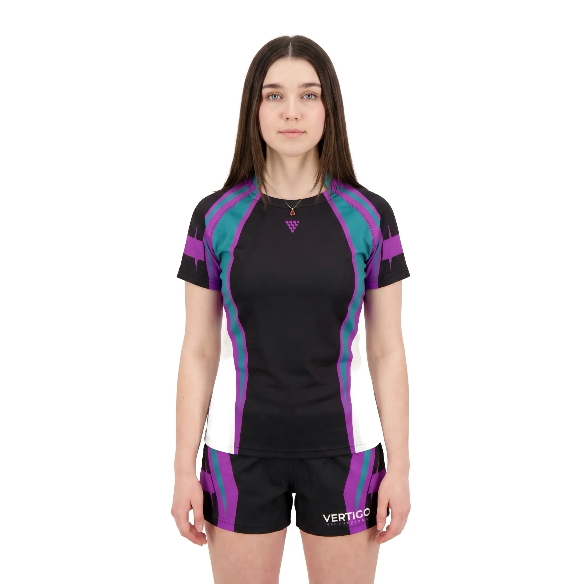 Female athlete wearing custom sublimated women rugby uniform