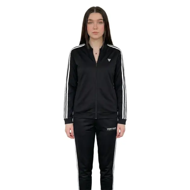 Female model wearing black sports tracksuit