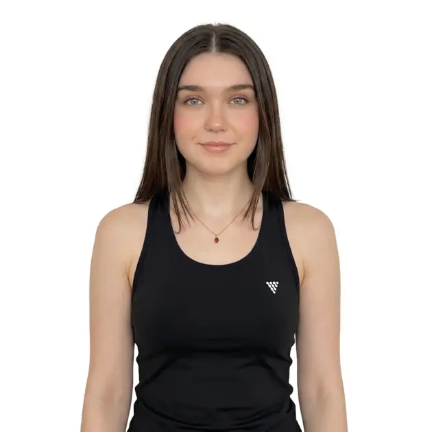 Female model wearing black gym tank top