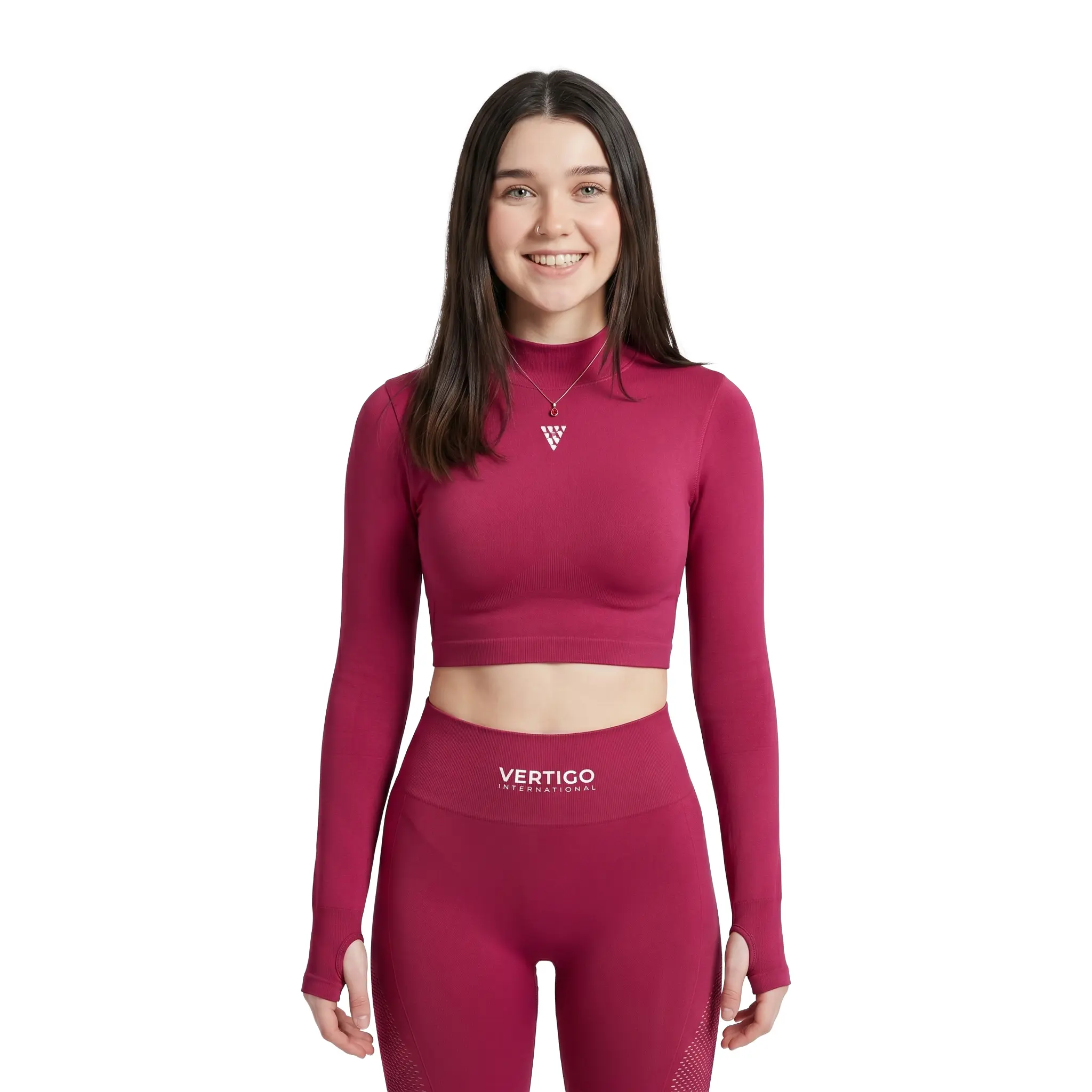 Female model wearing pink seamless fitness set