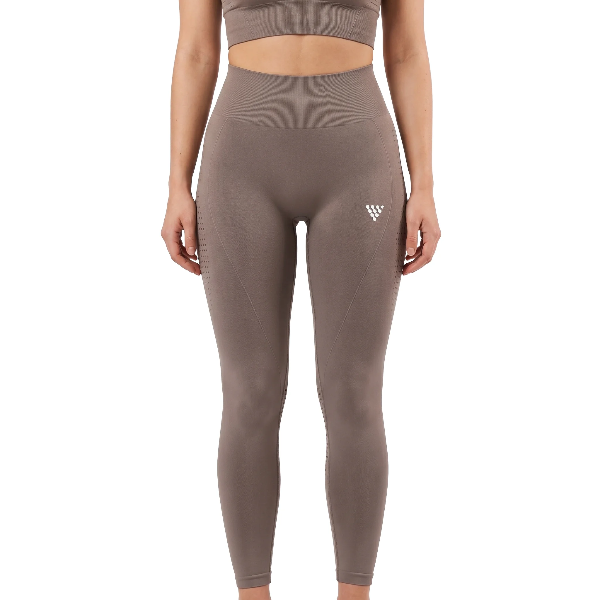 Female model wearing taupe seamless training leggings