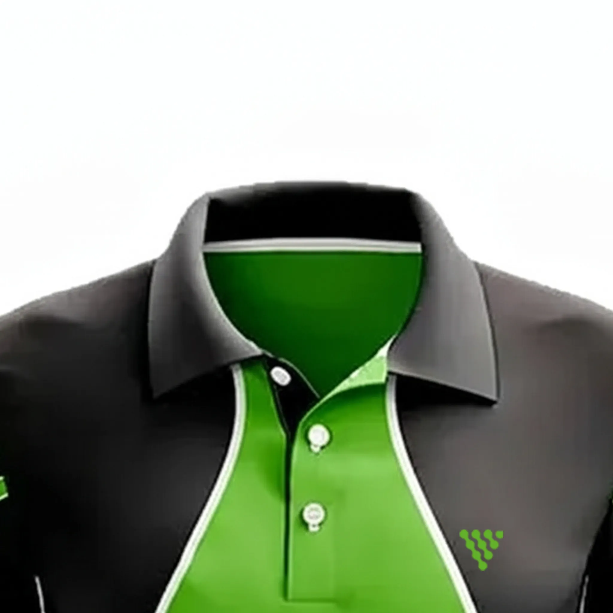 Close-up collar detail of green and black cricket uniform shirt