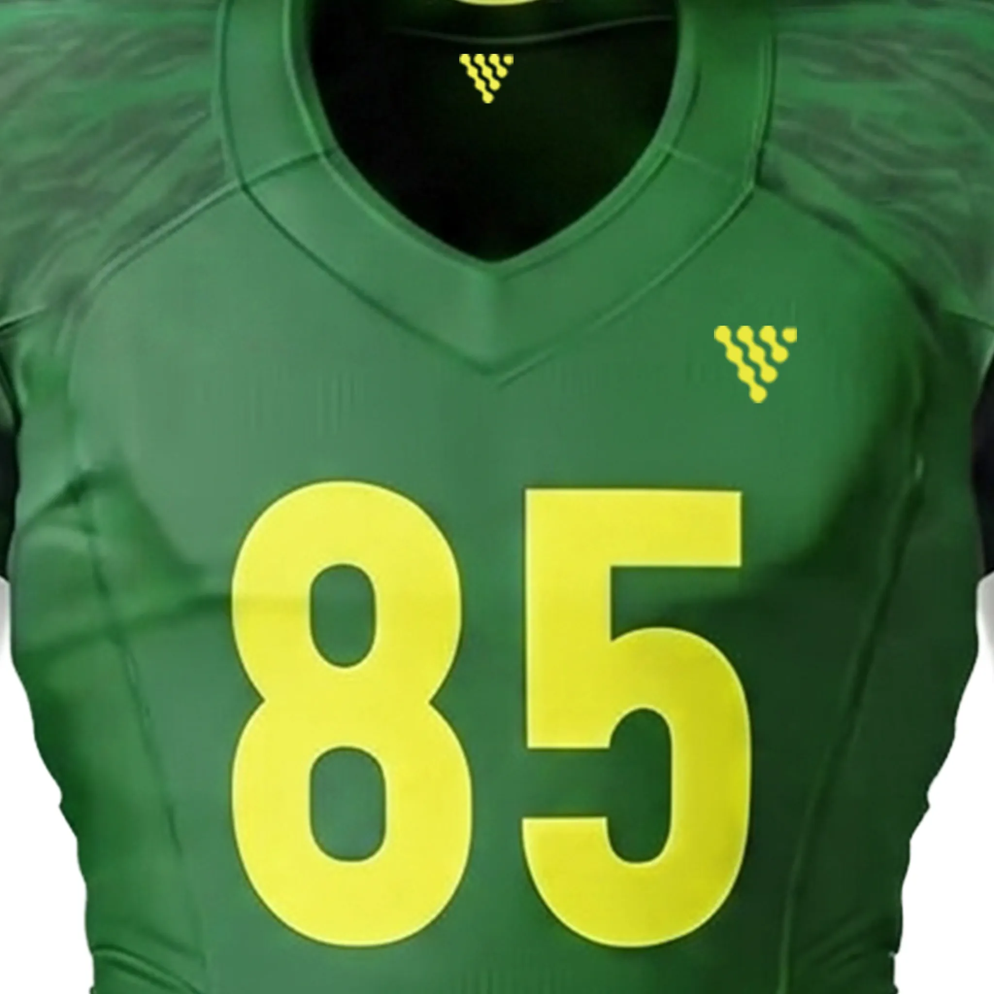 Close up front chest detail of green football jersey