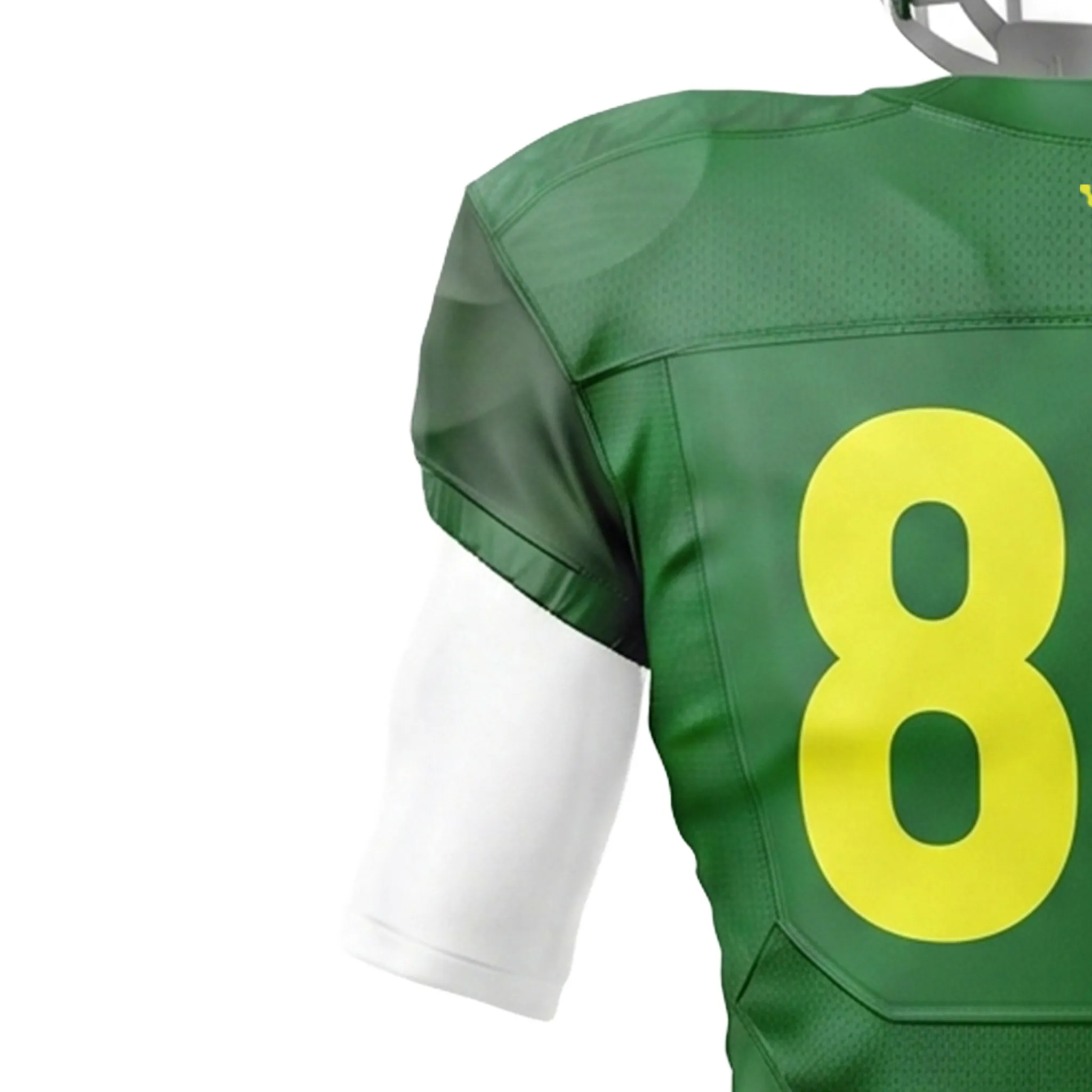 Close up back shoulder detail of green football uniform
