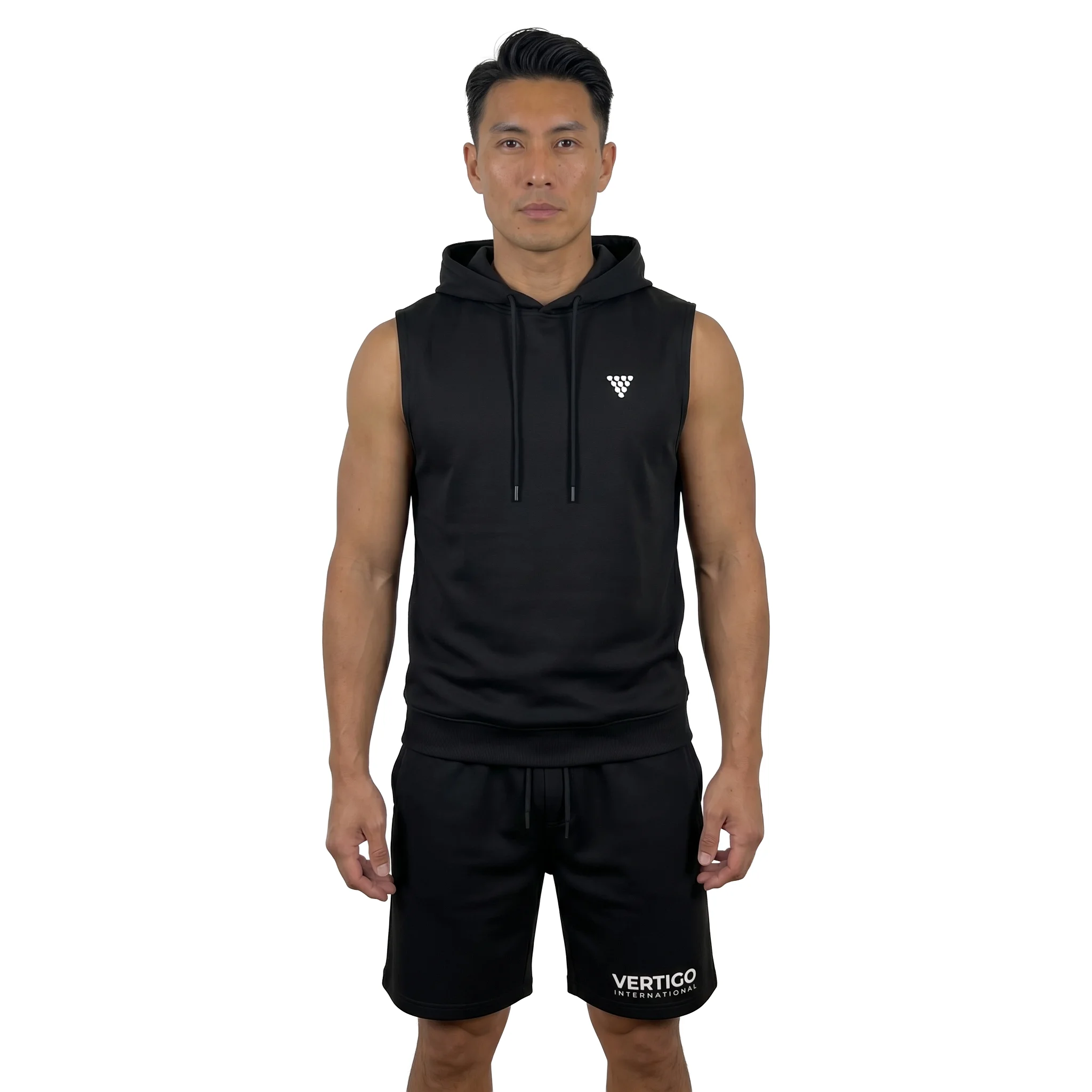 Male model wearing black sleeveless training set
