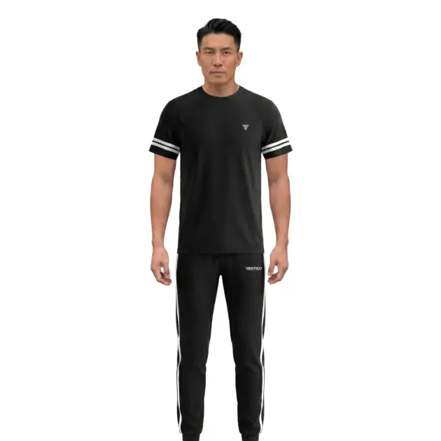 Male model wearing black training tracksuit