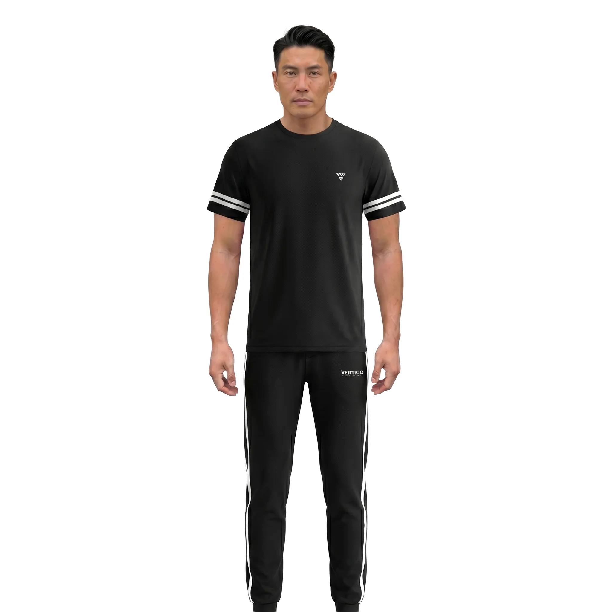 Male model wearing black training tracksuit