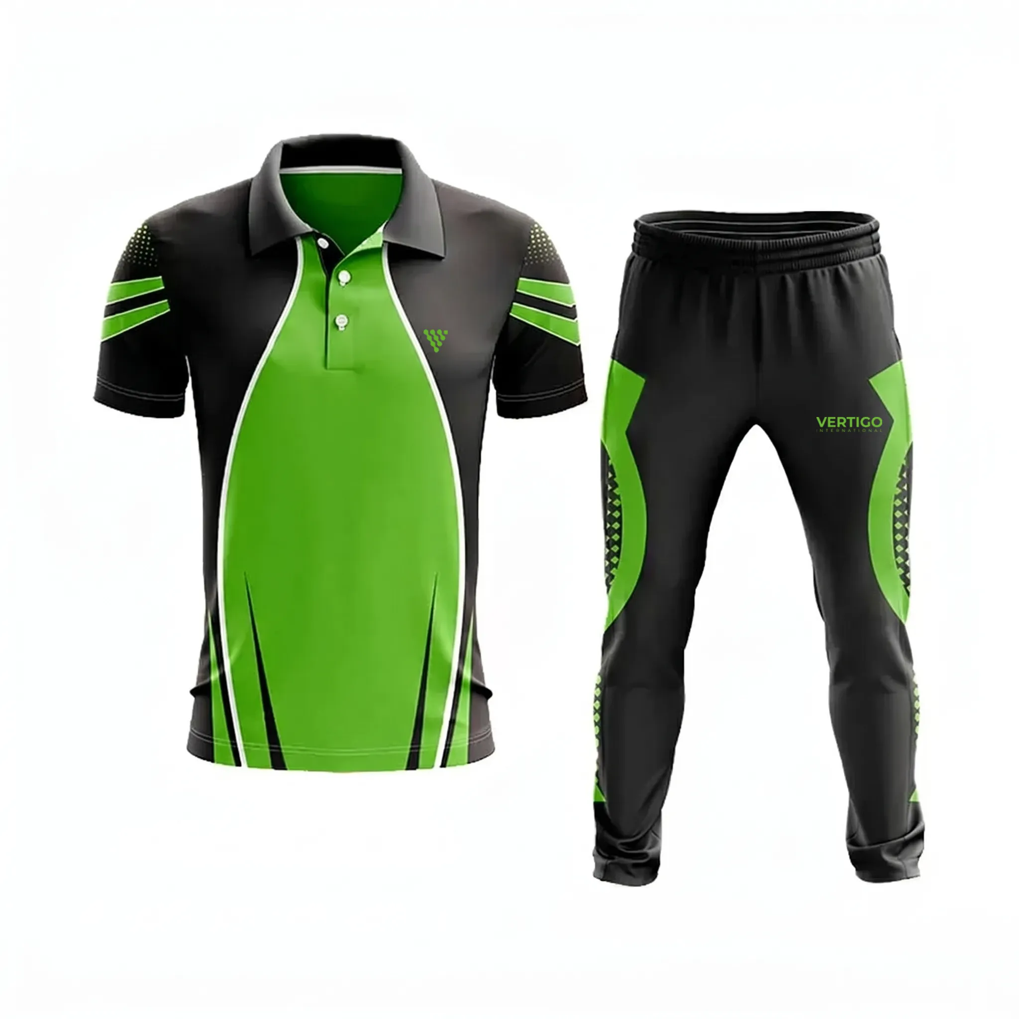 Front view of men cricket uniform in black and green athletic design