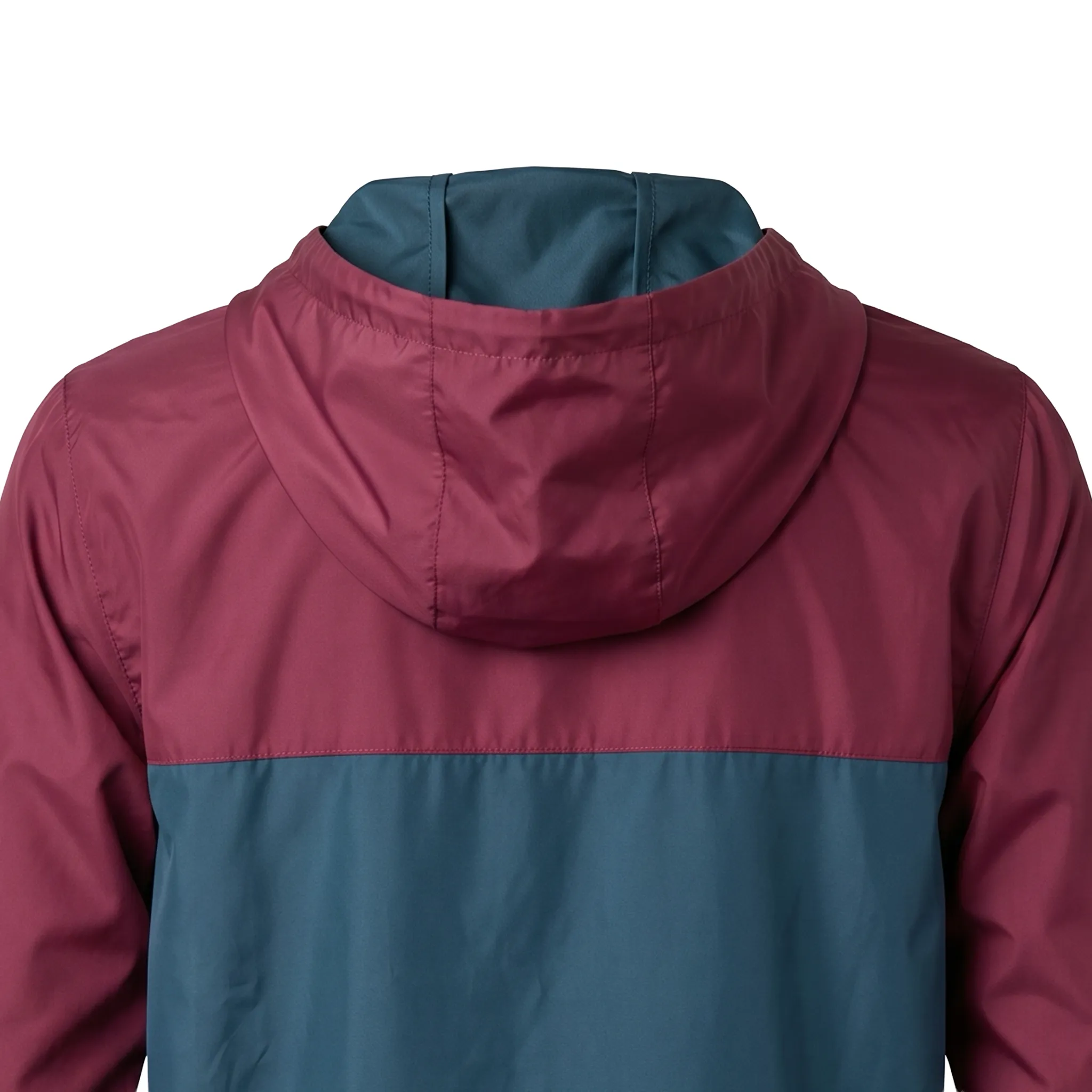 men windbreaker jacket in maroon and steel blue color back closeup design