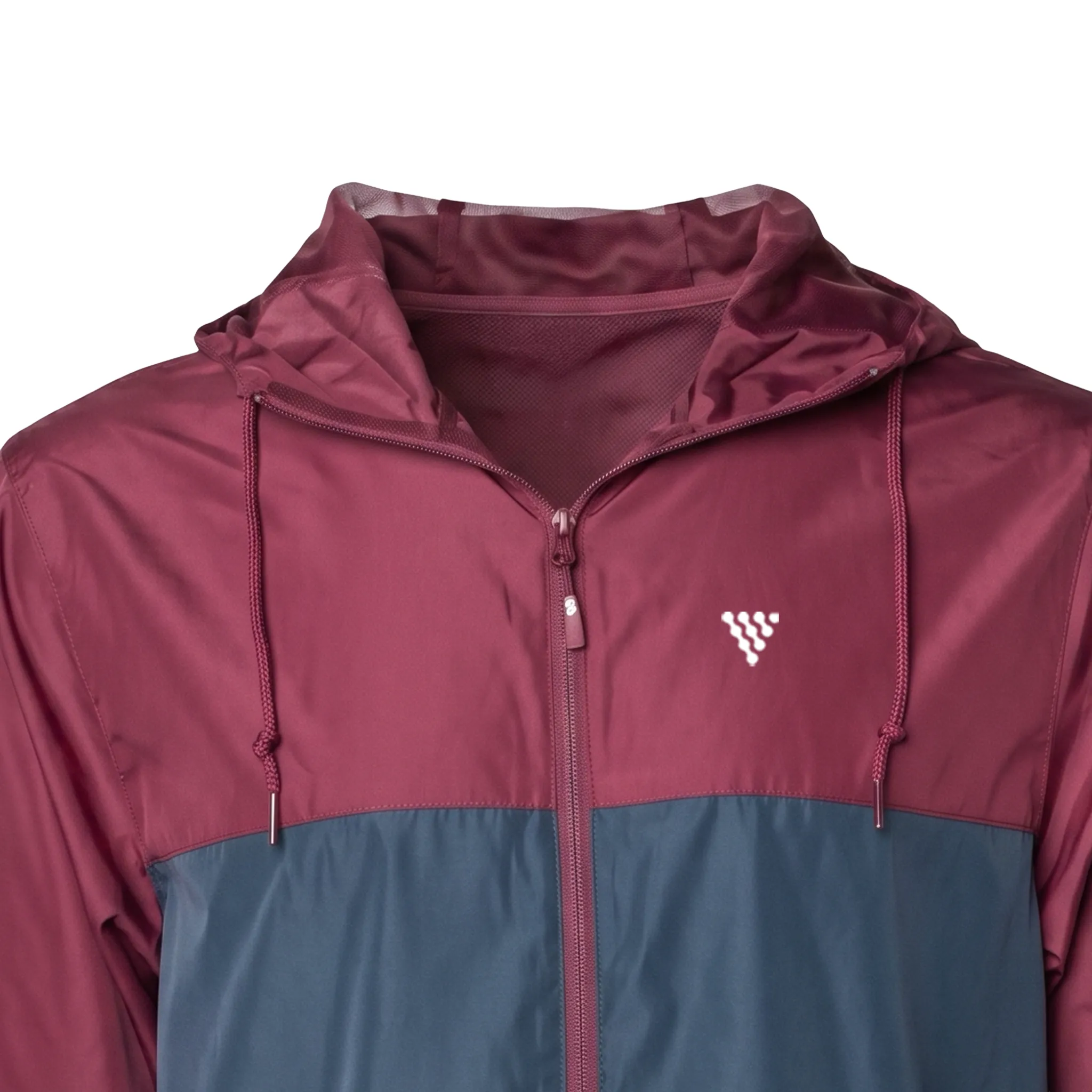 men windbreaker jacket in maroon and steel blue color front closeup design