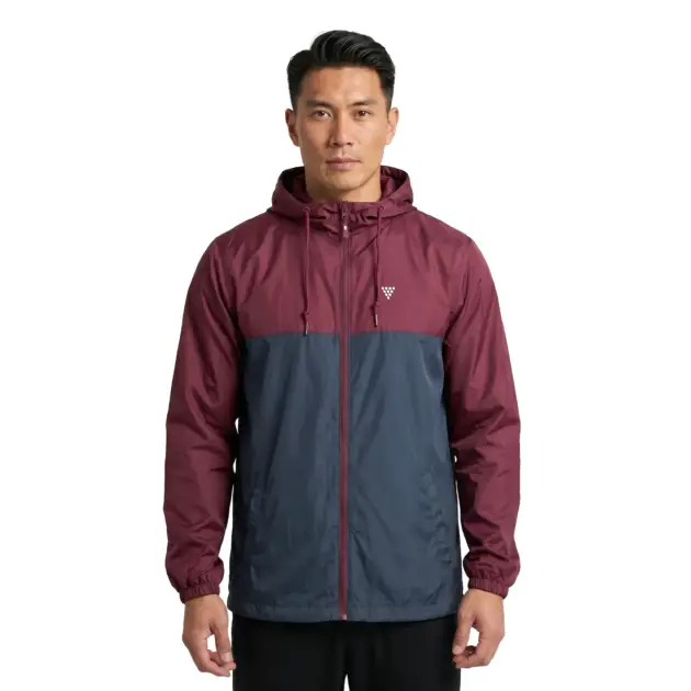 men windbreaker jacket in maroon and steel blue dual color design