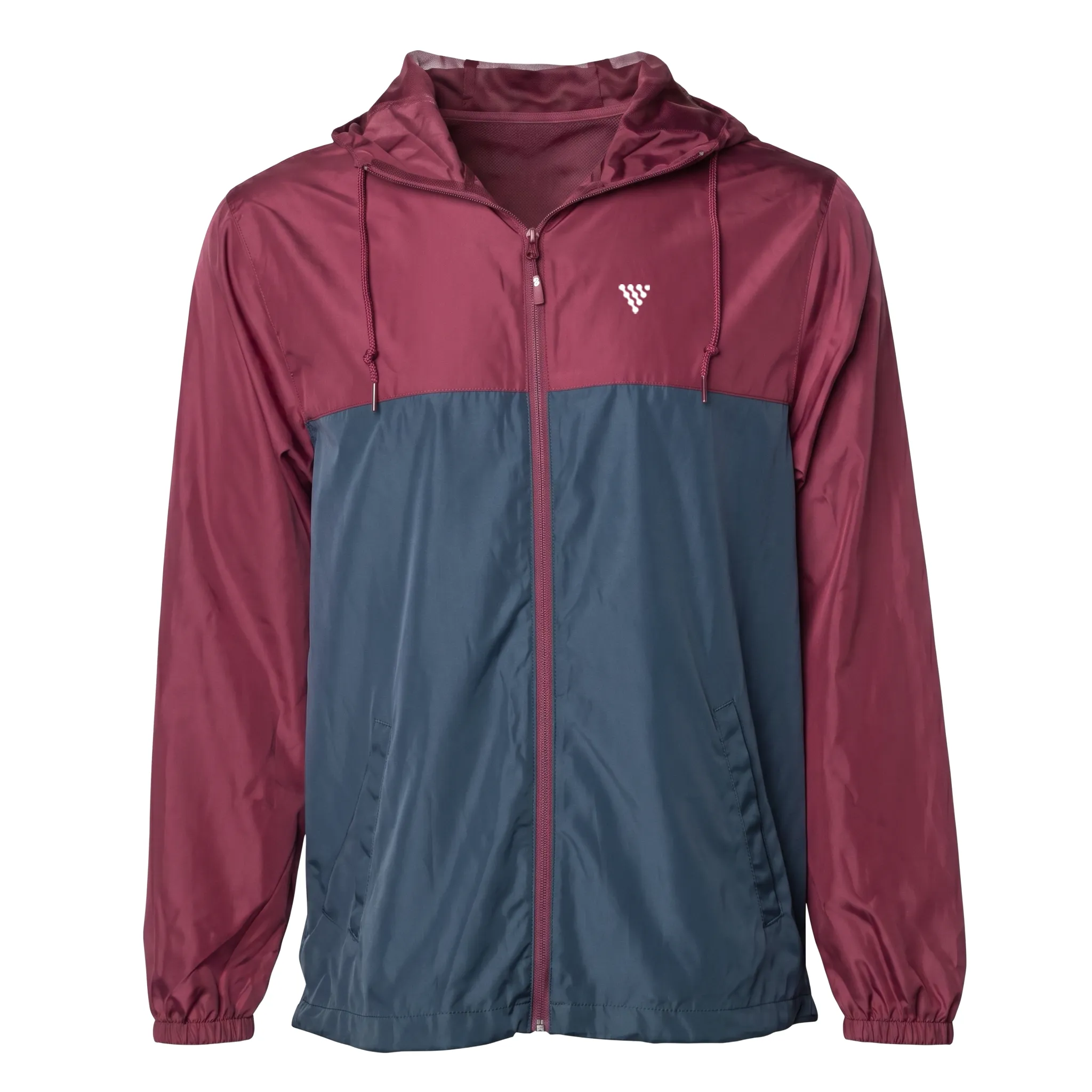men windbreaker jacket in maroon and steel blue dual color front design