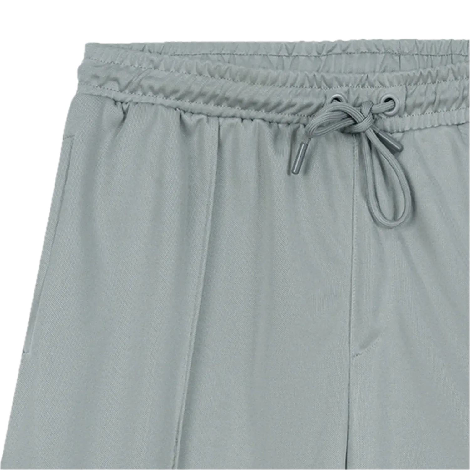 Closeup of mens grey gym training shorts waistband and fabric texture