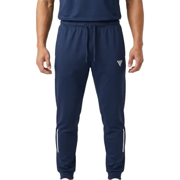 Male model wearing navy blue gym joggers