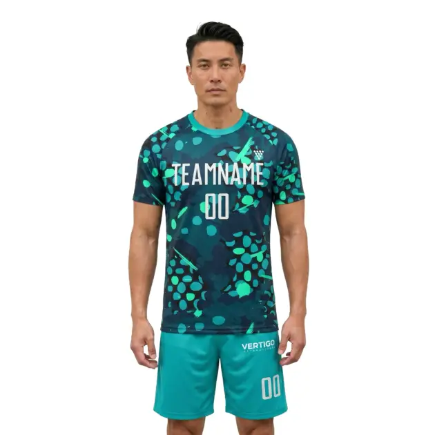 Male athlete wearing sublimated soccer uniform with custom team design