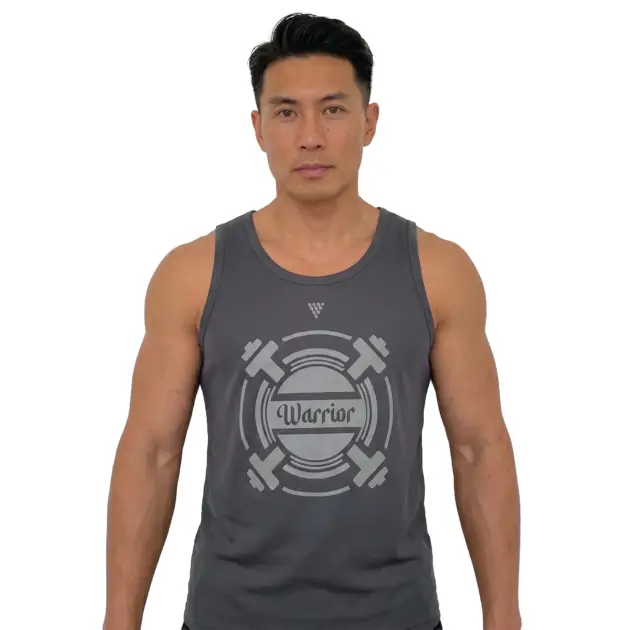Male model wearing grey warrior fitness tank top
