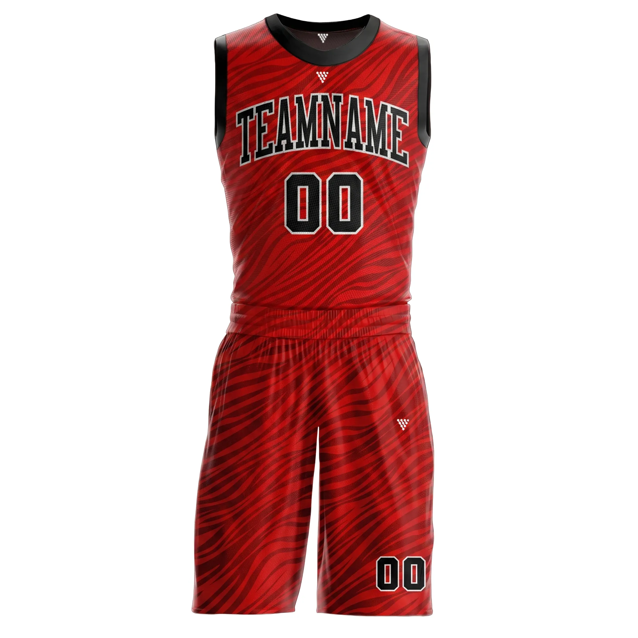 Front view of premium basketball uniform with red sublimated pattern