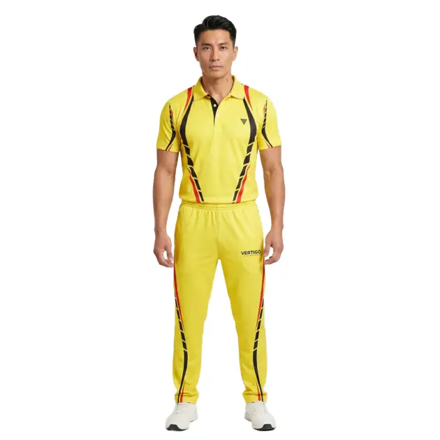 Professional athlete wearing mens sublimated cricket uniform for team sportswear