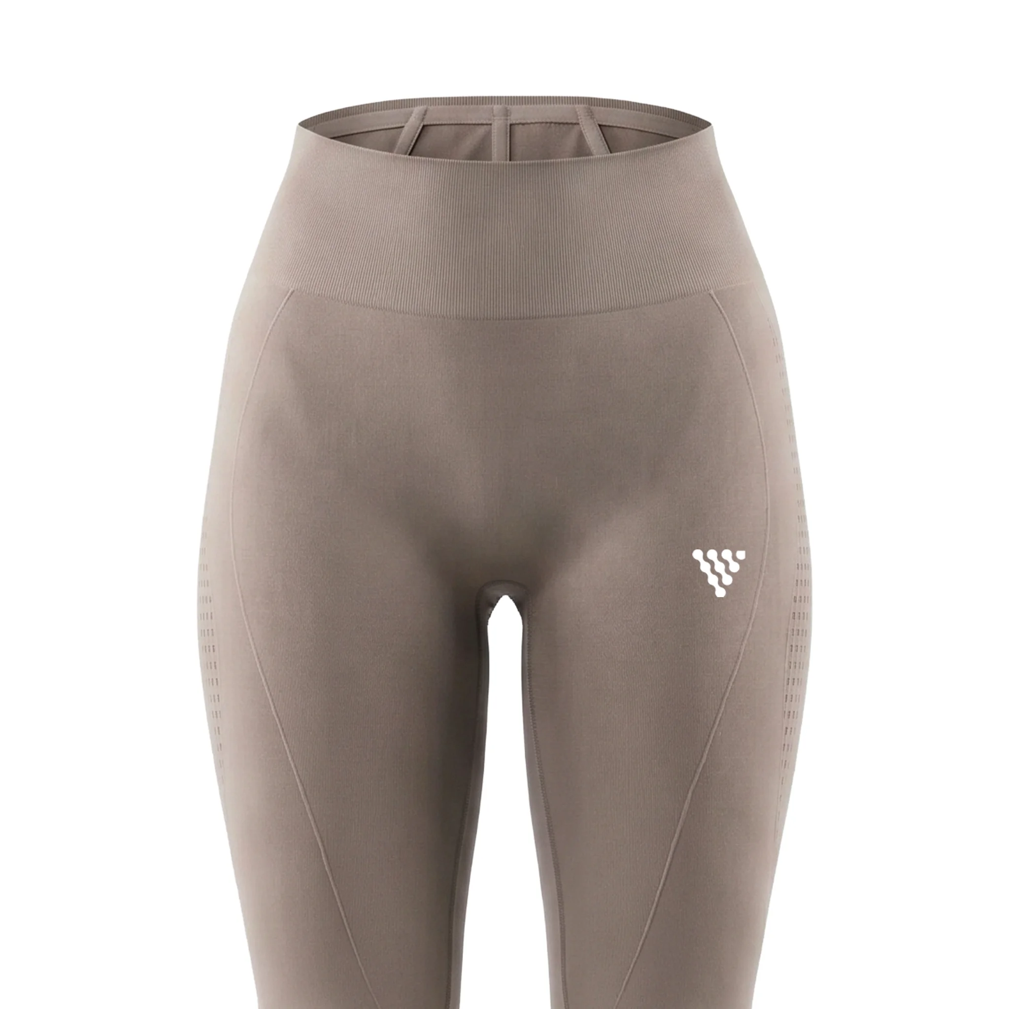 Close up front view of taupe women’s gym leggings
