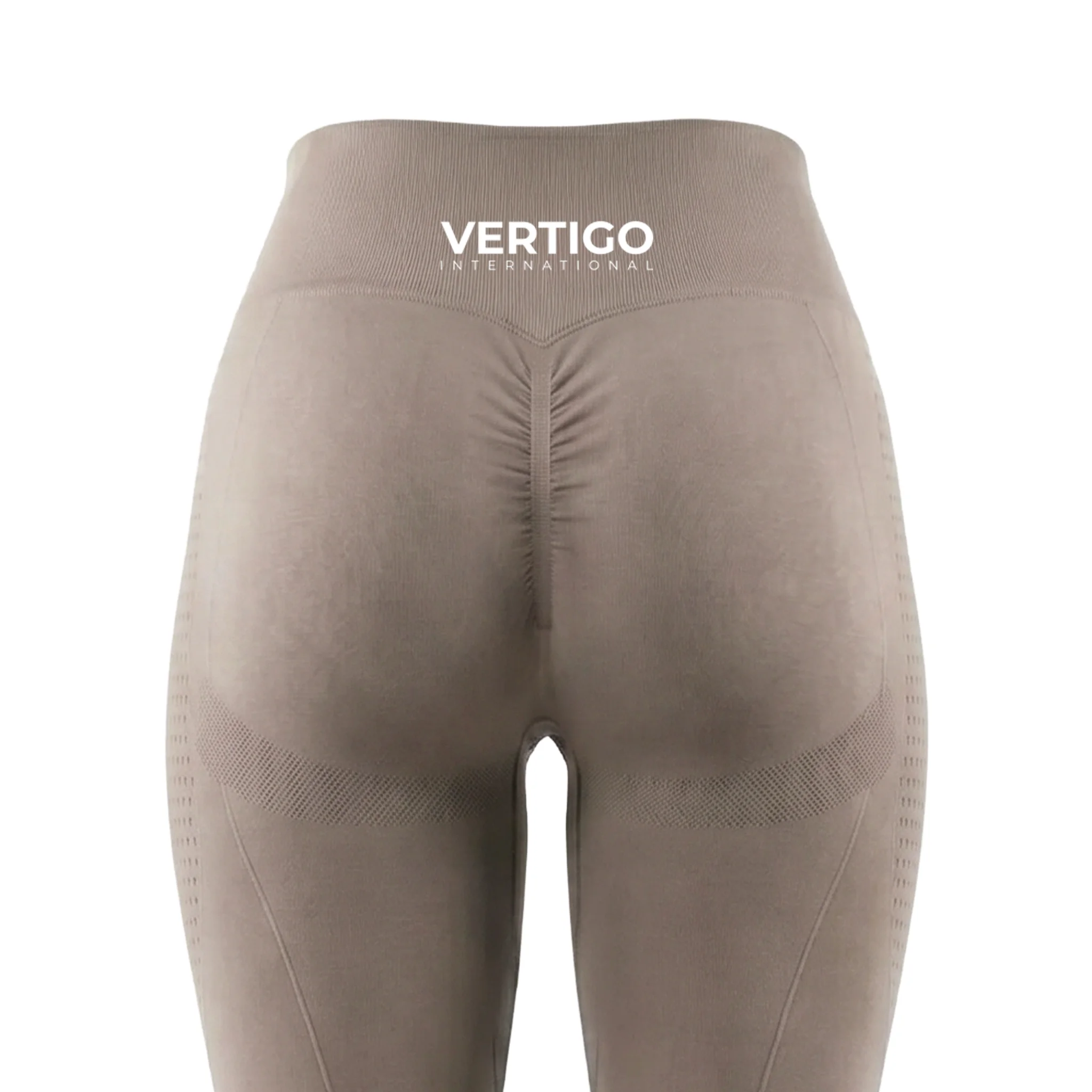 Close up back view of taupe seamless activewear leggings