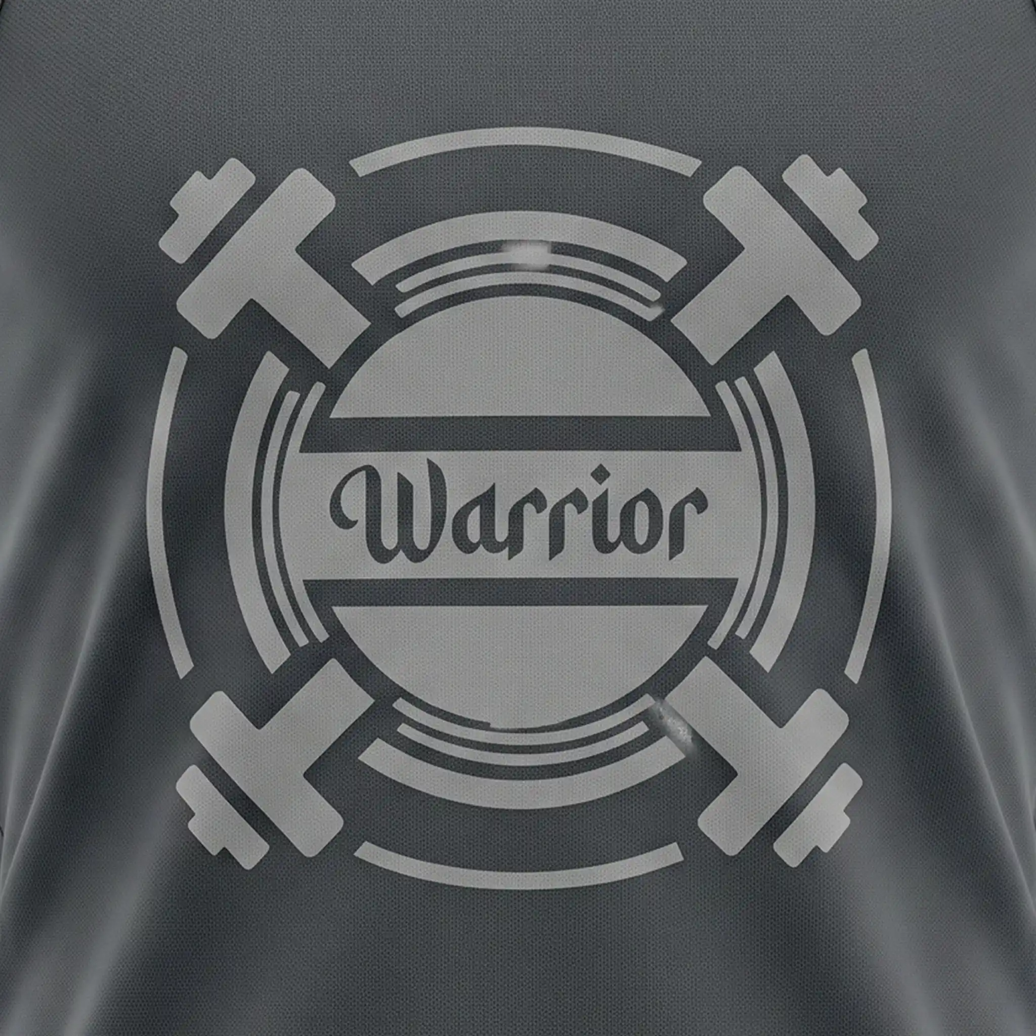 Close up of warrior dumbbell graphic on gym tank top
