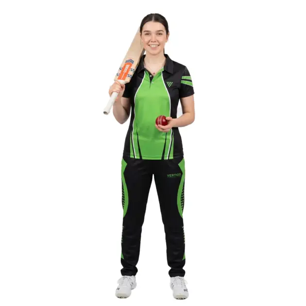 Female athlete wearing custom women cricket uniform with matching trousers