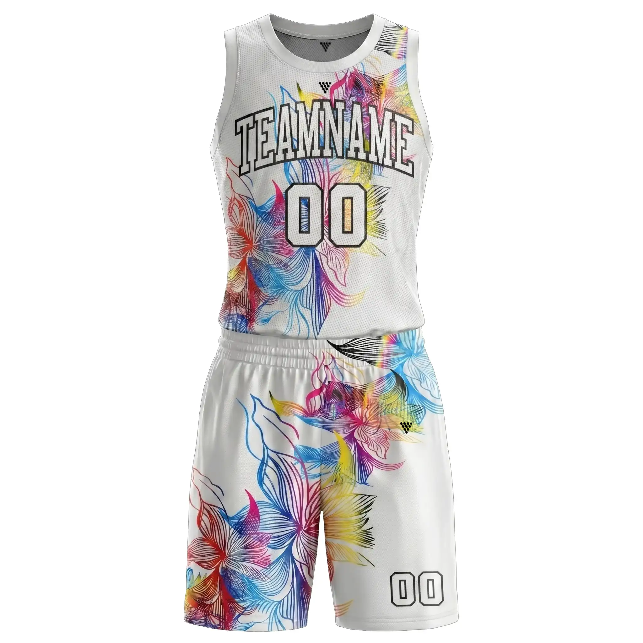 Front view of women premium basketball uniform with colorful sublimated floral design