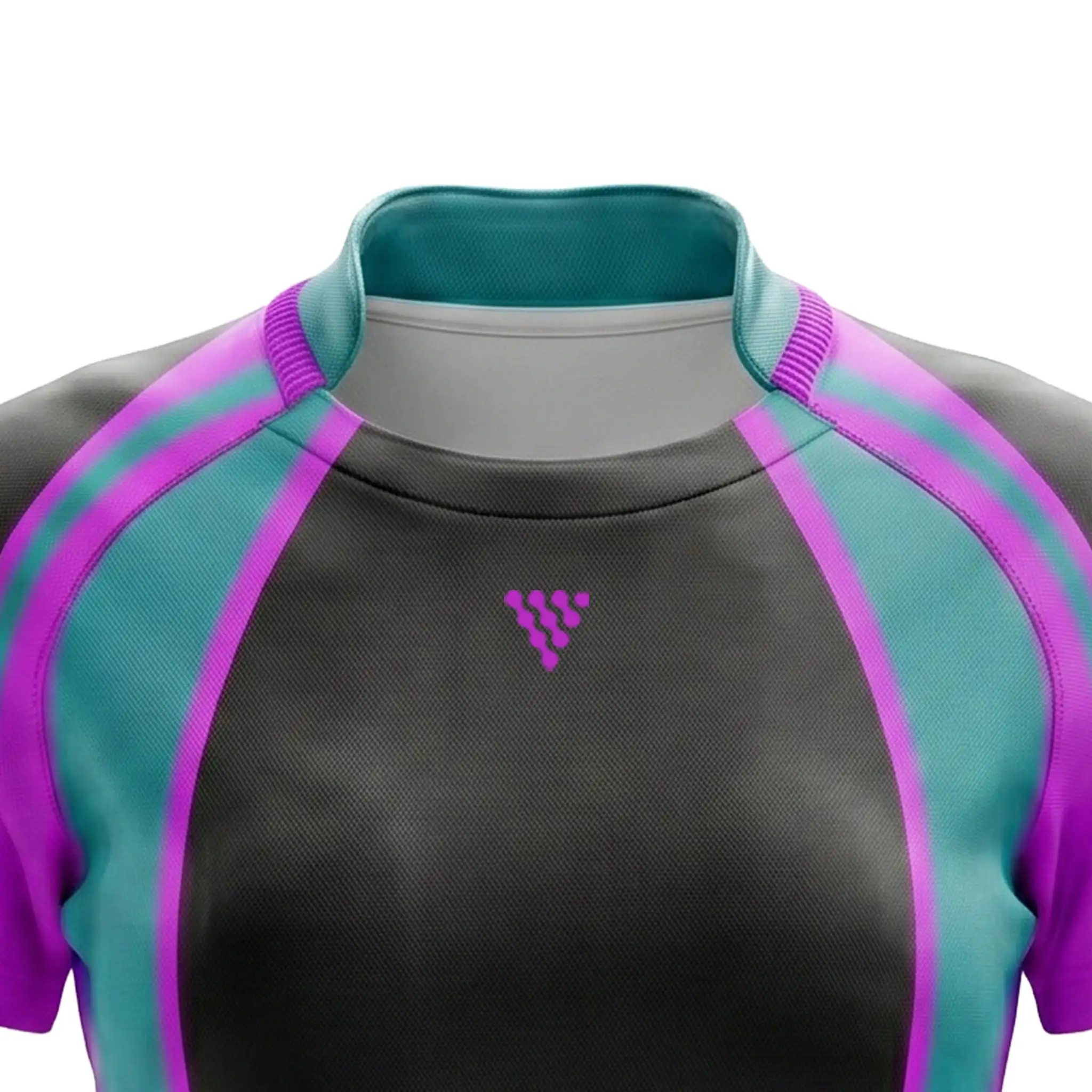 Close-up collar and upper chest design of women rugby jersey
