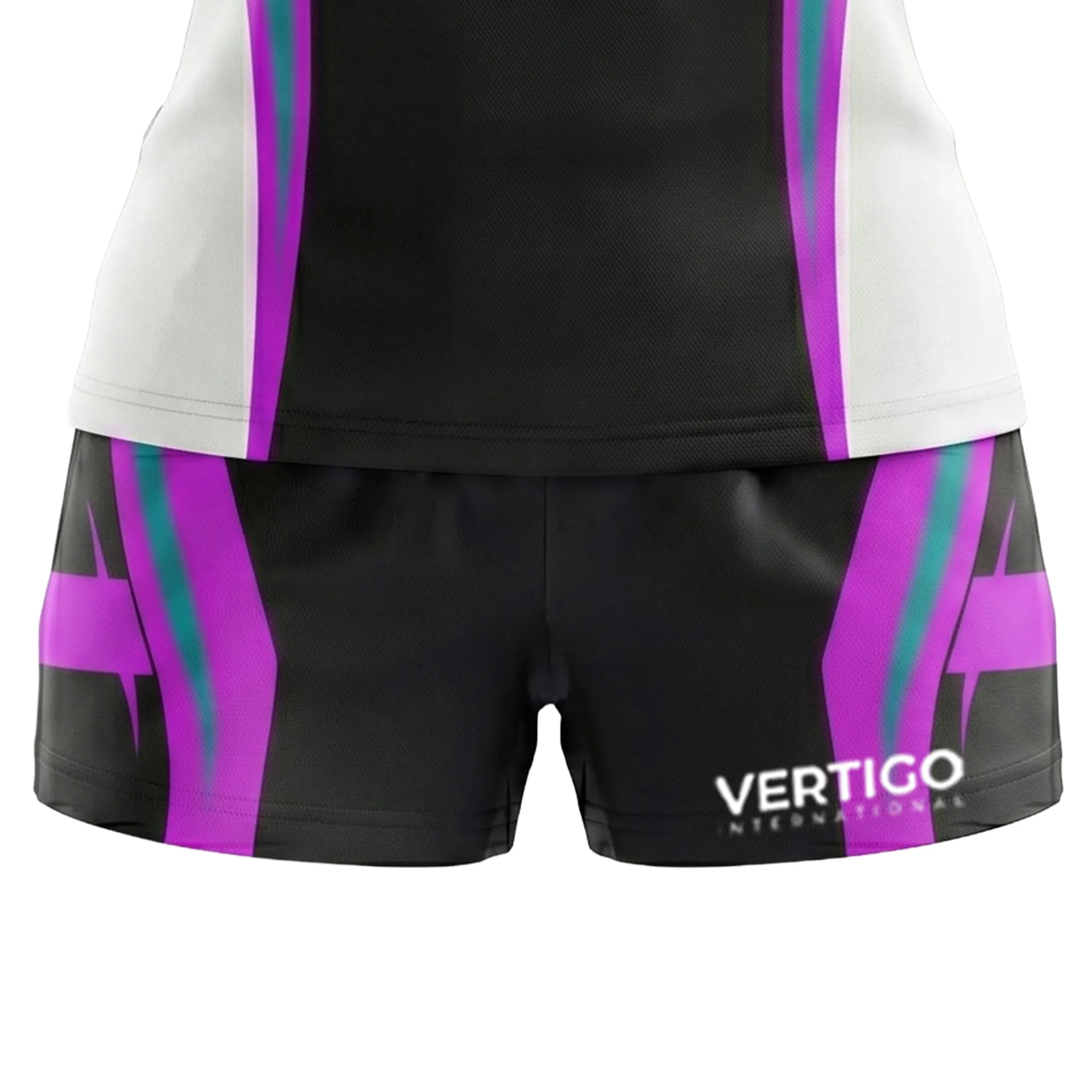 Detail view of women rugby shorts with sublimated graphics