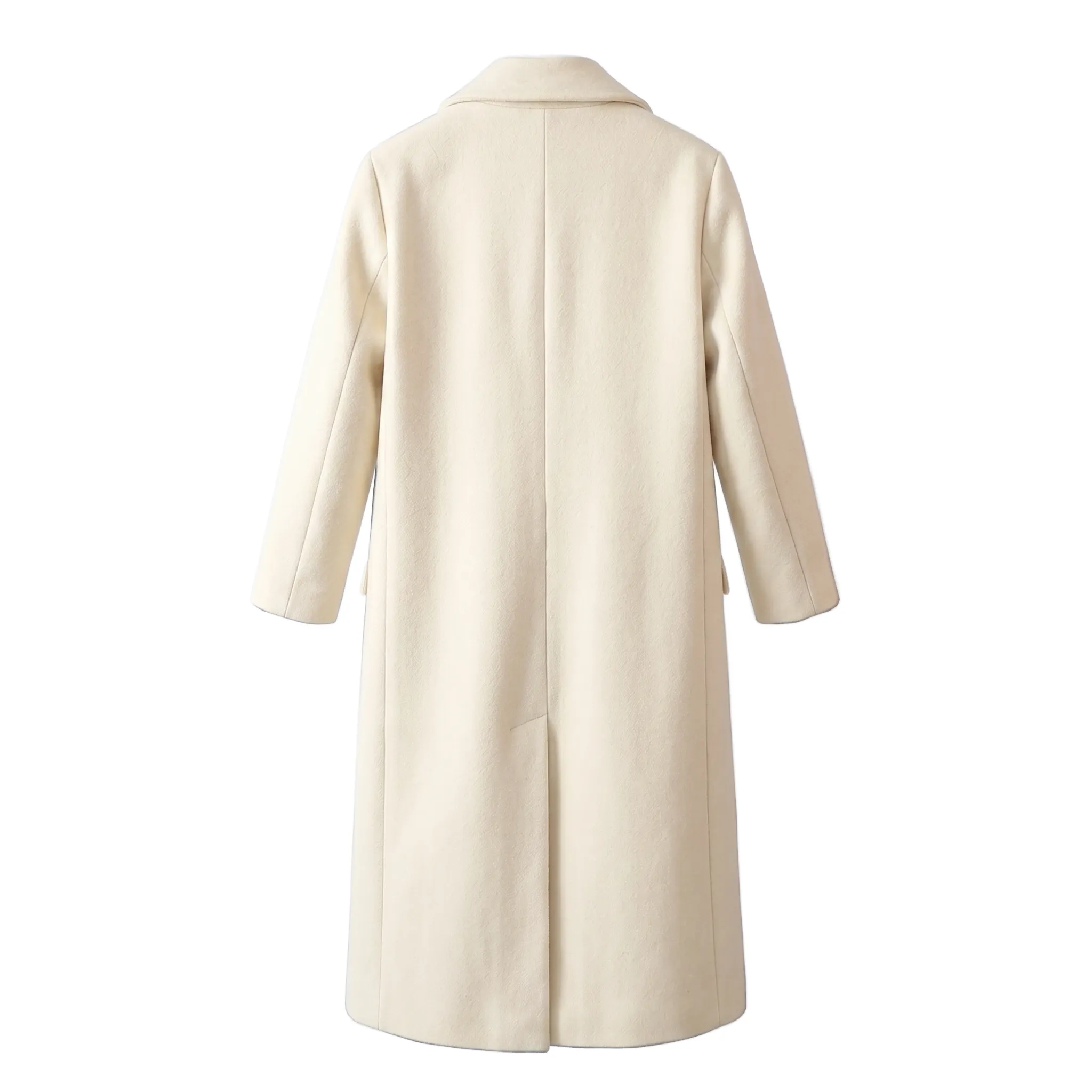 women warm beige long coat back in premium wool fabric