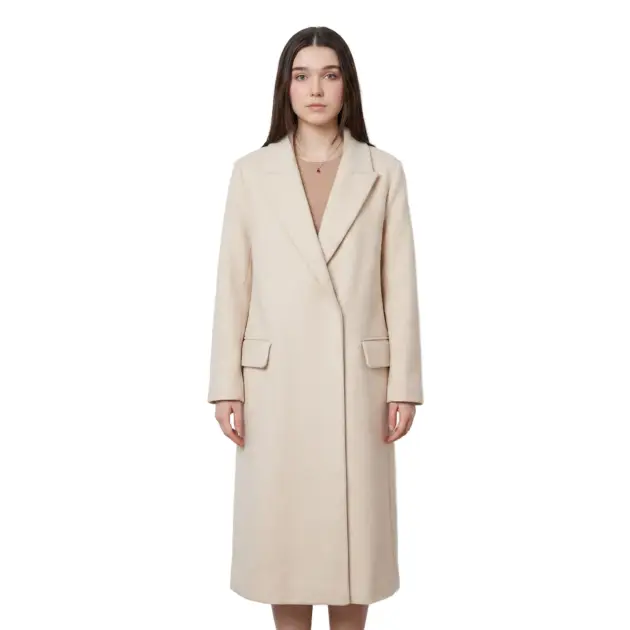 women warm beige long coat in premium wool fabric