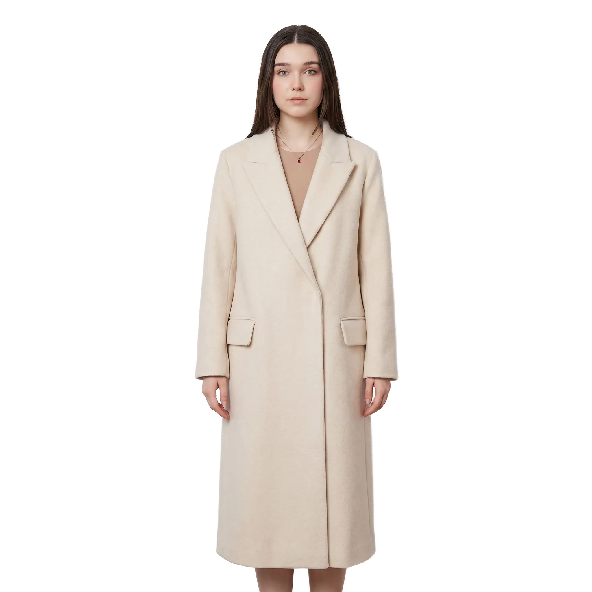 women warm beige long coat in premium wool fabric