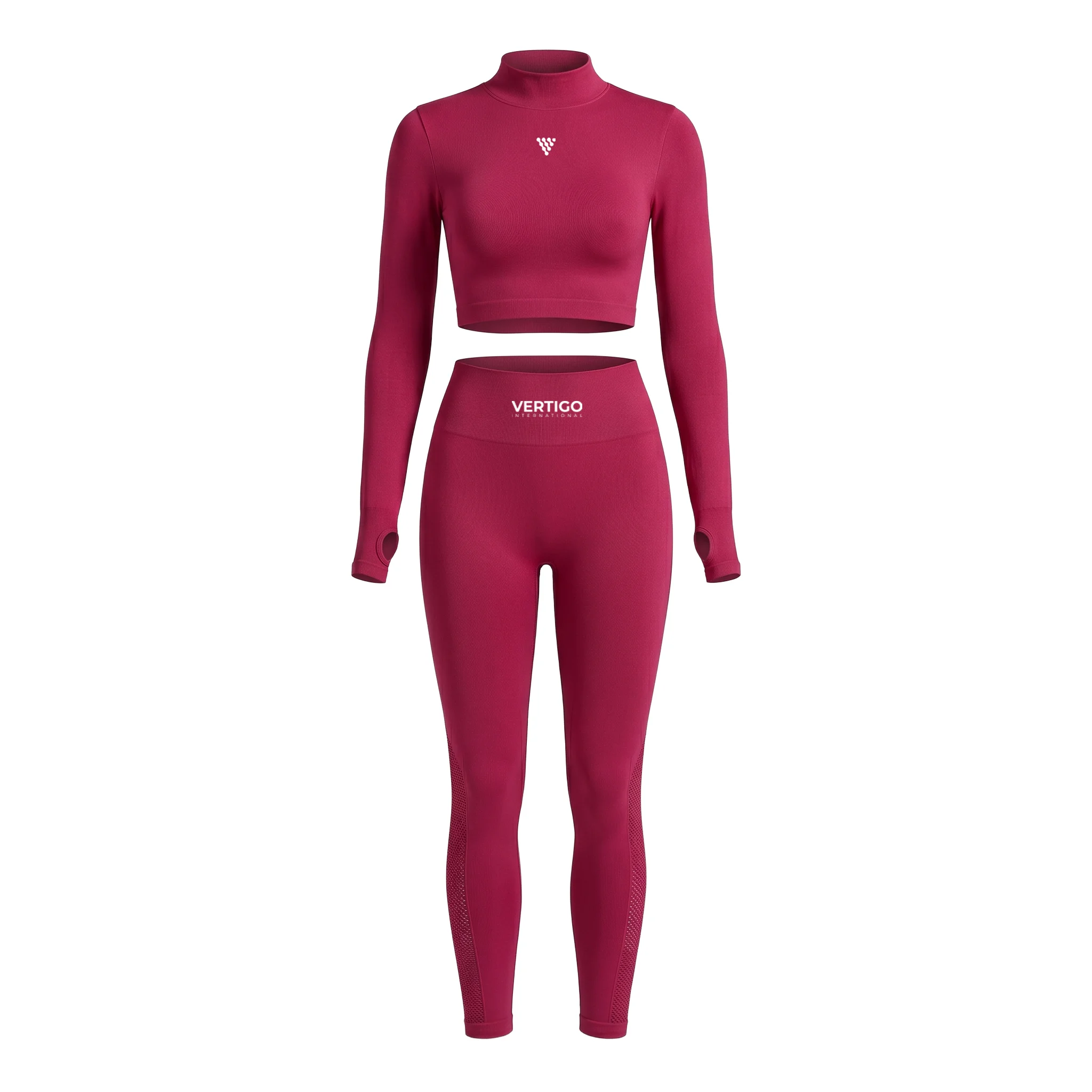 Front view of women’s pink seamless gym set
