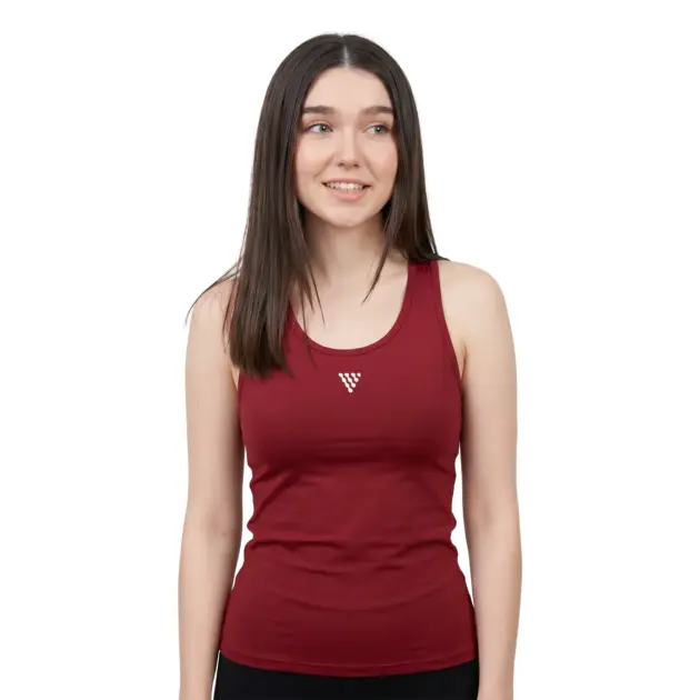 Female model wearing red workout tank top