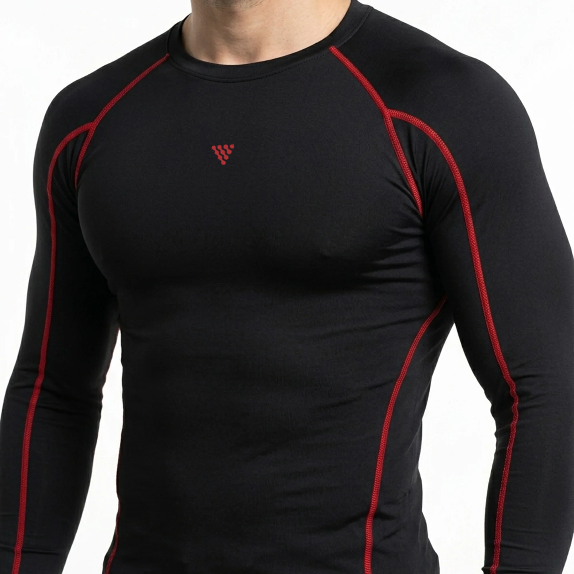 Close-up front view of black men compression shirt with red contrast seams