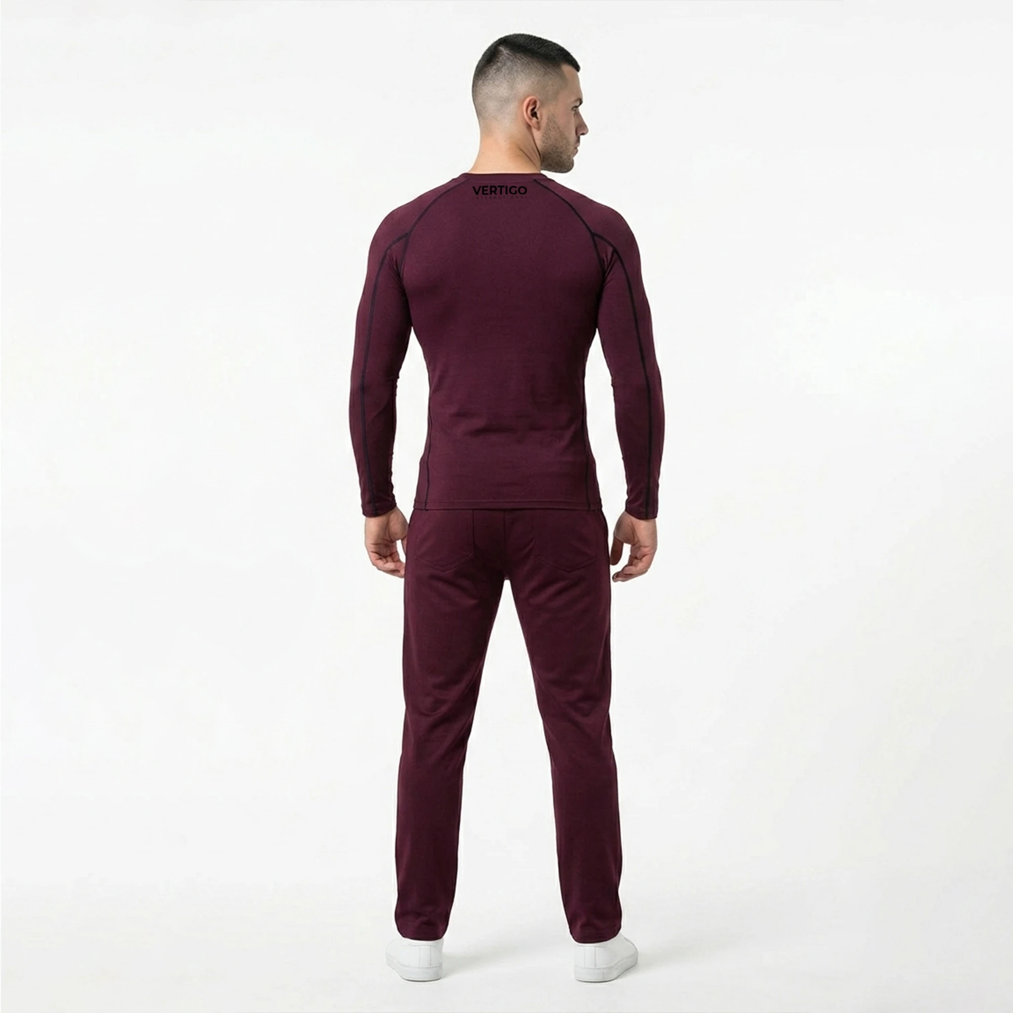 Back view of compression shirt and trouser set for gym workouts and activewear use